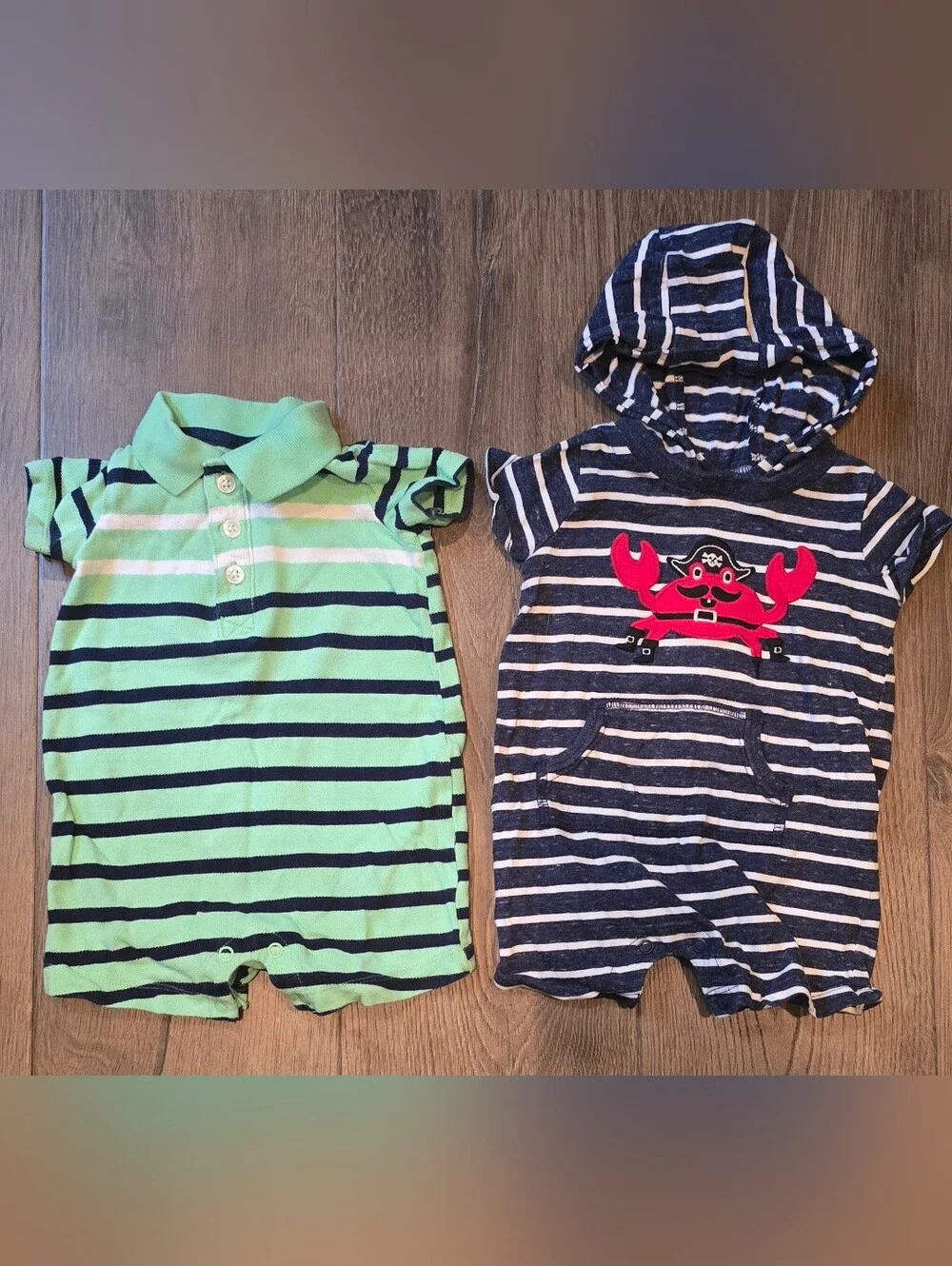 Carter’s Size 6 Months Set Of 2 Rompers.  1 Hooded And 1 W/ Collar Boys